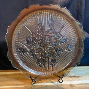 Marigold Jeanette Iris Herringbone Carnival Glass Cake Plate Serving Platter 12"